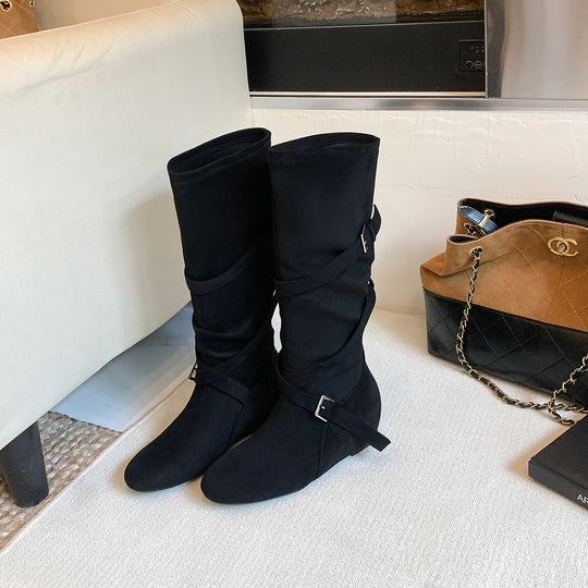 Damen Kniehohe Velourslederstiefel mit Wickelriemen und flachem Keilabsatz Shop Nory