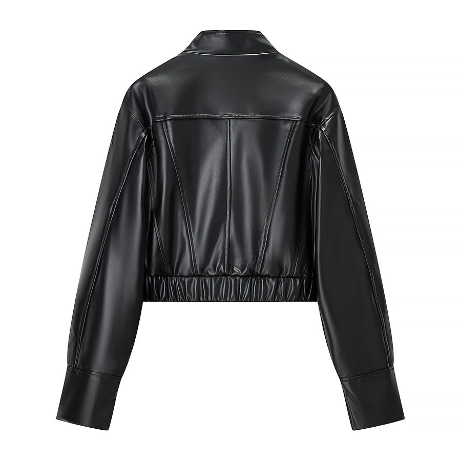 Damen Gekürzte Boxy-Kunstlederjacke mit Stehkragen und konstruktiven Teilungsnähten Shop Nory