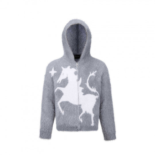 Unisex Flauschiger Kapuzenpullover mit Einhorn-Motiv und durchgehendem Reißverschluss Shop Nory