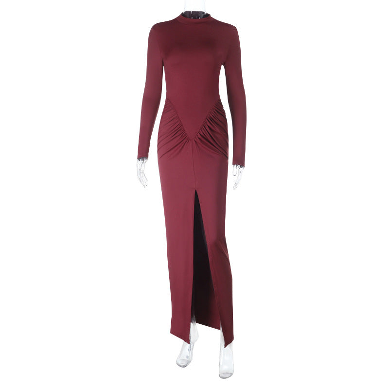 Damen Figurbetontes Abend-Maxikleid mit hohem Rundhals, langen Ärmeln, geraffter Hüftpartie und Frontschlitz Shop Nory