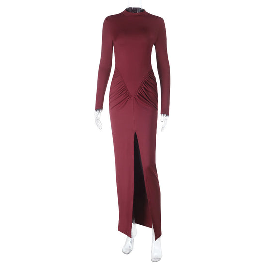 Damen Figurbetontes Abend-Maxikleid mit hohem Rundhals, langen Ärmeln, geraffter Hüftpartie und Frontschlitz Shop Nory