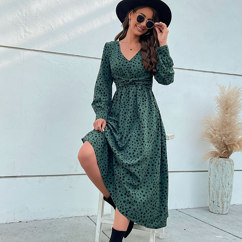 Damen Midikleid im Retro-Pünktchen-Design mit Wickeloptik, V-Ausschnitt und tailliertem Bindegürtel Shop Nory