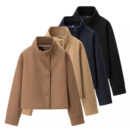 Damen Kurzjacke Boxy Wollmix mit Stehkragen, Oversize-Ärmeln und Knopfleiste Shop Nory