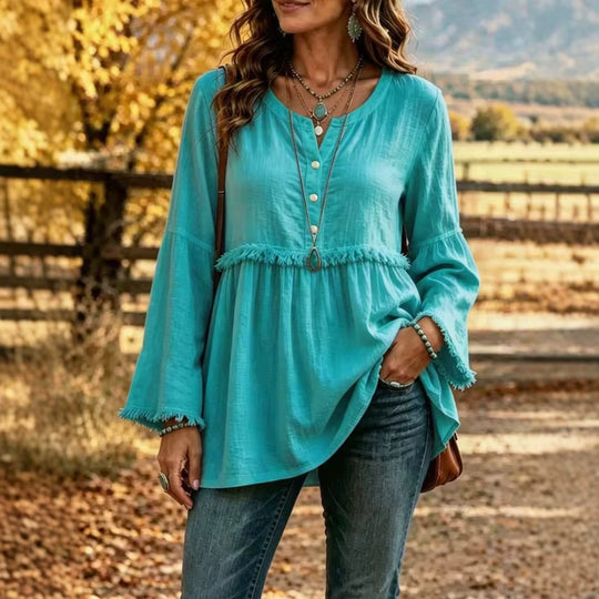 Damen Fransen-Tunika-Bluse mit V-Ausschnitt und Glockenärmeln Shop Nory