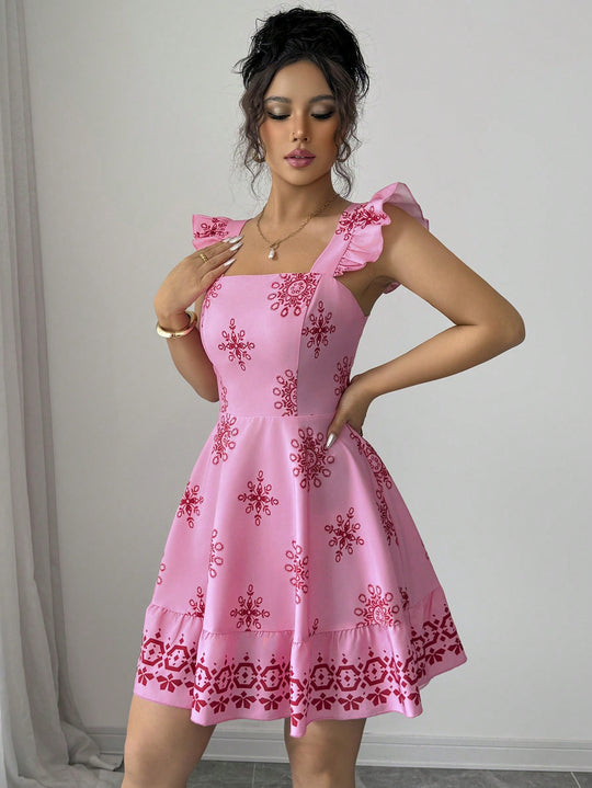 Damen Gestuftes Sommerkleid mit Quadrat-Ausschnitt, Rüschen-Trägern und bestickter A-Linie Shop Nory