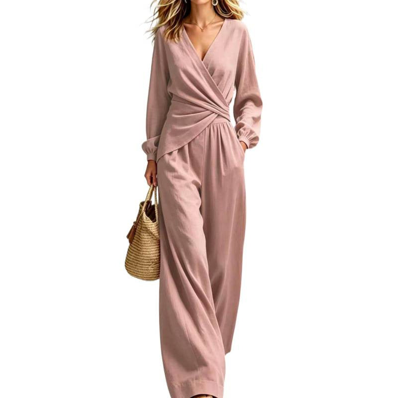 Damen Wickel-Jumpsuit mit weitem Bein und V-Ausschnitt Shop Nory