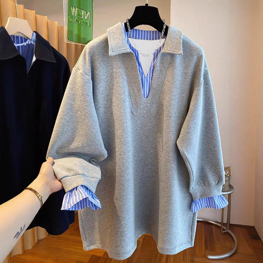 Damen Oversized Sweatshirt mit Hemdkragen-Optik und gestreiften Manschetten Shop Nory