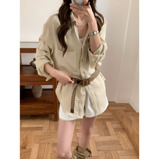 Damen Lässiges Leinenoptik-Longshirt mit Oversize-Schnitt und Brusttasche Shop Nory