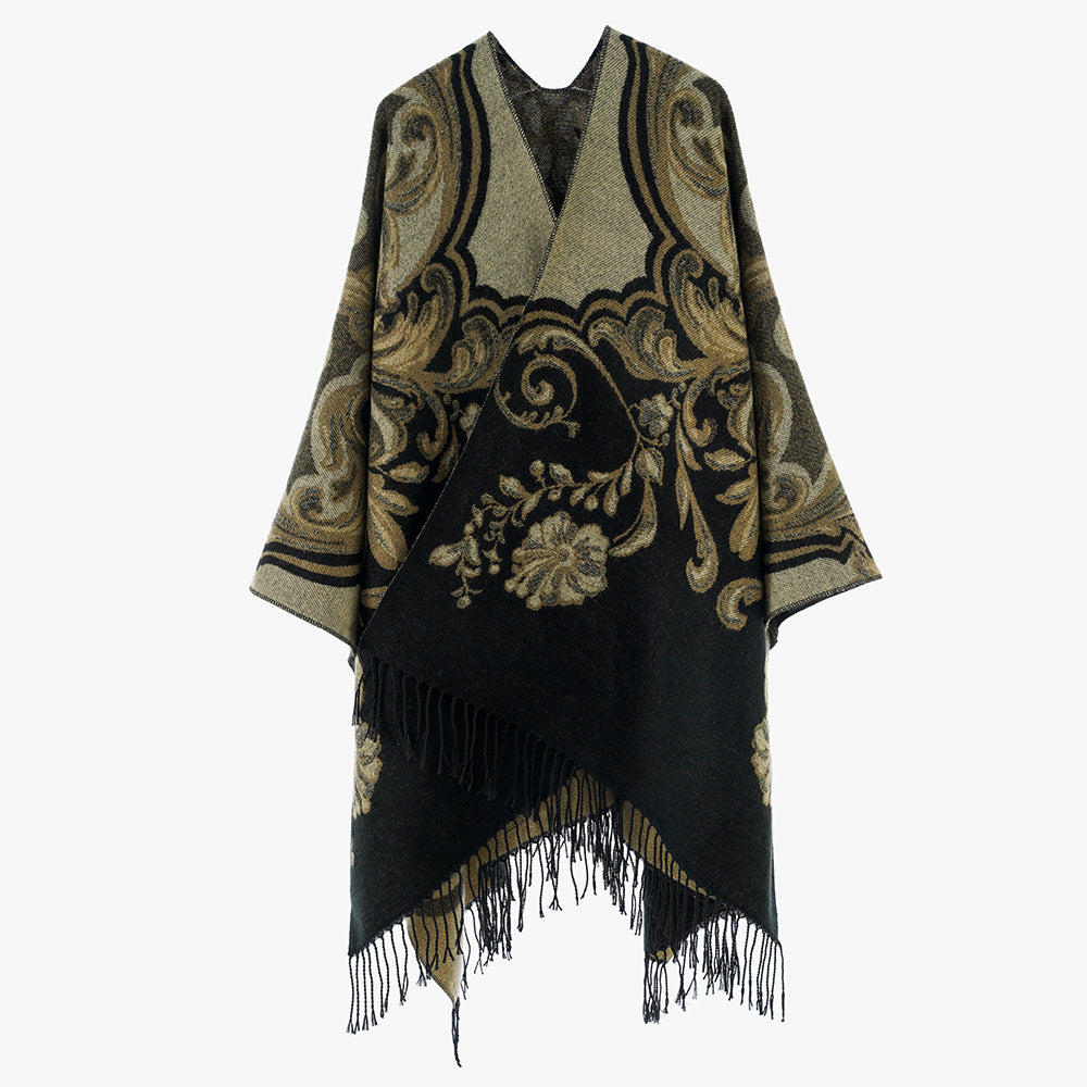 Damen Barock‑Jacquard Cape mit asymmetrischem Zipfelsaum und Fransen Shop Nory