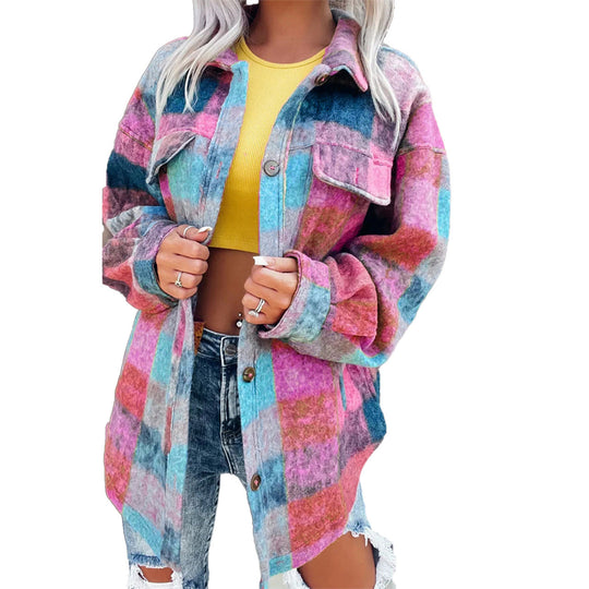 Damen Karo Oversize-Hemdjacke aus weichem Wollmaterial mit praktischen Taschen Shopnory