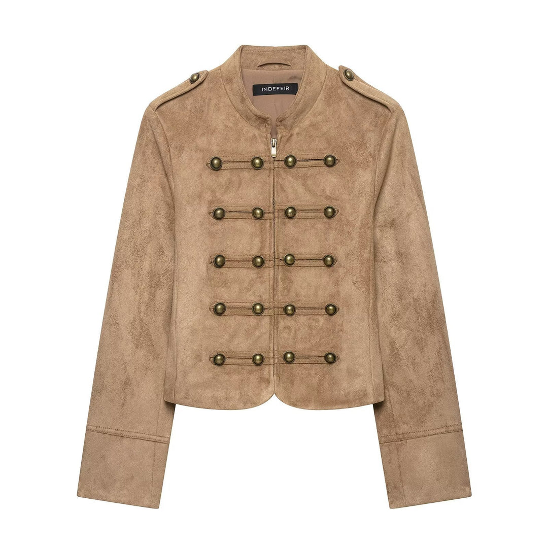 Damen Kurzjacke im Military‑Stil mit Stehkragen und Zierknopf‑Detail Shop Nory