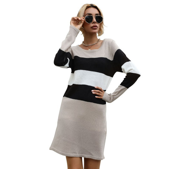 Damen Strickkleid schulterfrei oversized mit breiten Streifen Shop Nory