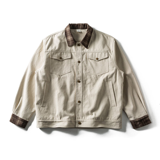 Herren Kurz geschnittener Canvas‑Blouson mit kariertem Kragen und Druckknopf‑Brusttaschen Shop Nory