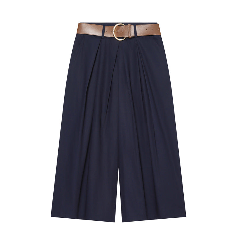 Damen Hochtaillierte Culotte-Hose mit weitem Bein, Kellerfalten und Rundbuckel-Gürtel Shop Nory