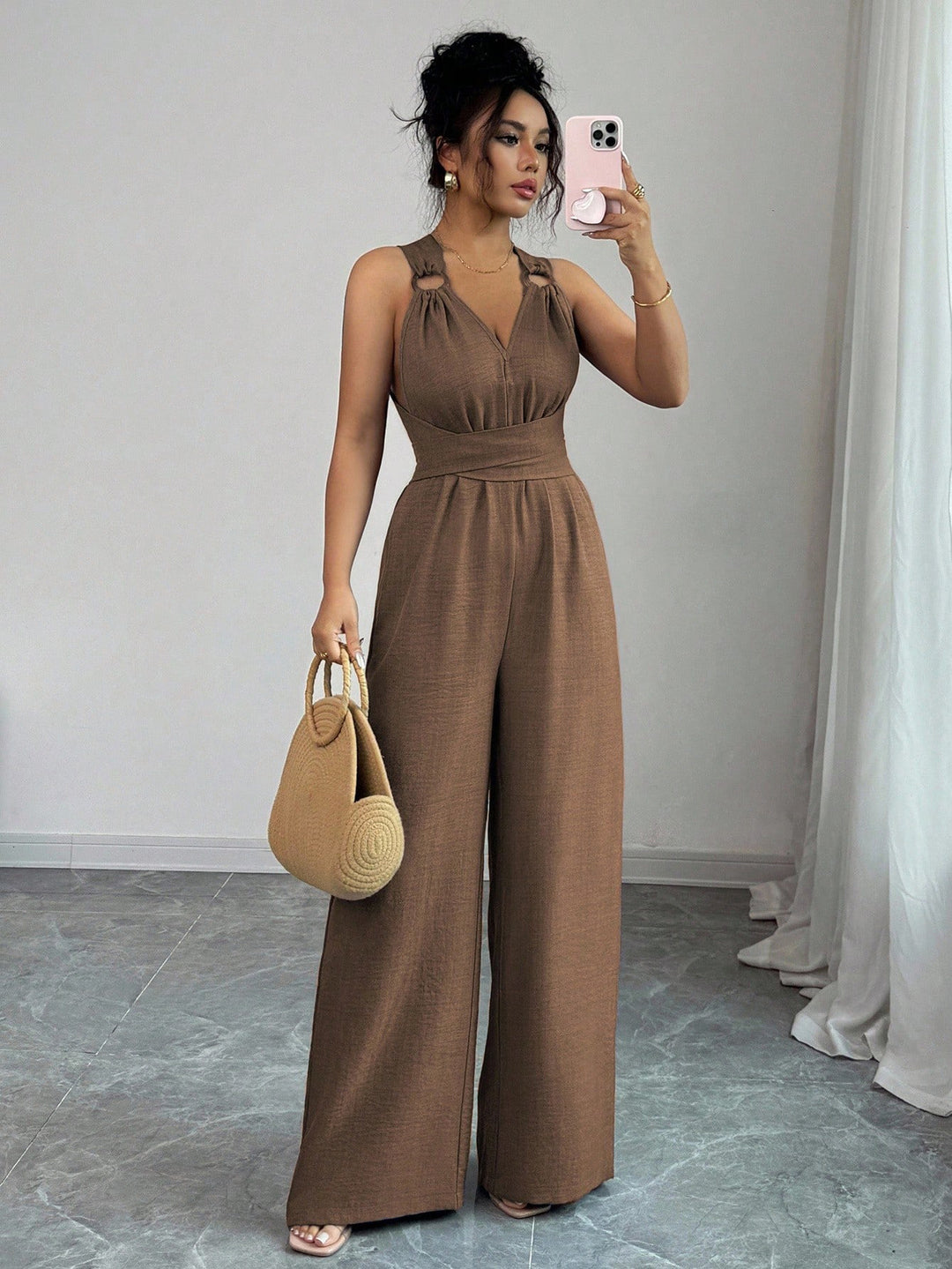 Damen Jumpsuit mit weitem Bein, tailliertem Wickelband und Ösen-Trägern Shop Nory