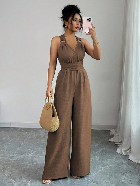 Damen Jumpsuit mit weitem Bein, tailliertem Wickelband und Ösen-Trägern Shop Nory