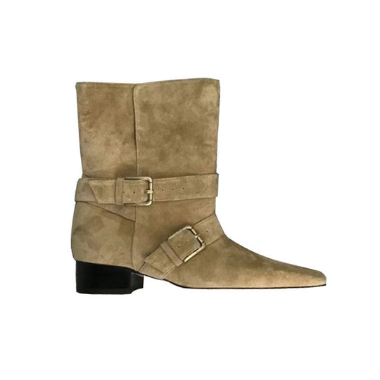 Damen Mittelhohe Wildlederoptik-Stiefelette mit quadratischer Spitze, verstellbaren Schnallenriemen und flachem Blockabsatz Shop Nory
