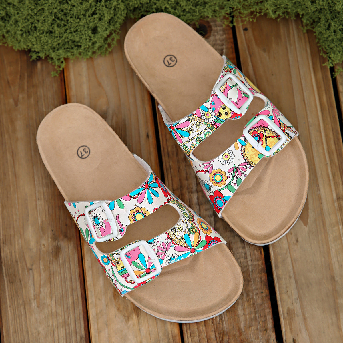 Damen modische Zehentrenner-Sandalen mit floralem Design und anatomischem Fußbett Shopnory