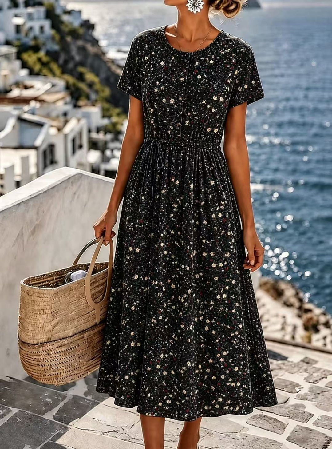 Damen Midikleid mit floralem Alloverprint, Tunnelzugtaillenband und Knopfleiste Shop Nory