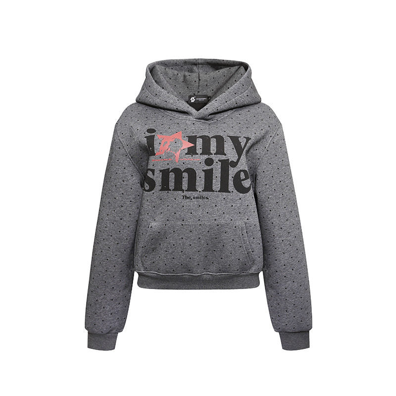 Damen Kapuzen-Sweatshirt mit Punktmuster, Kängurutasche und großflächigem Typo‑Print Shop Nory