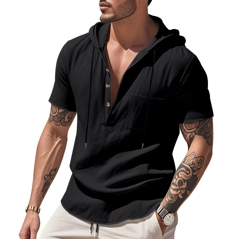 Herren nan legere Kurzarm-Kapuzen-Henley aus Single-Jersey mit Brusttasche und Kontrastkordel