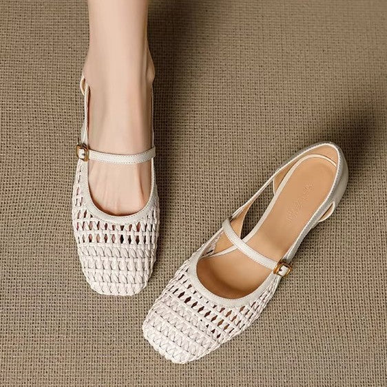 Damen elegante Mary Jane Pumps mit modischem Geflecht und bequemem Blockabsatz
