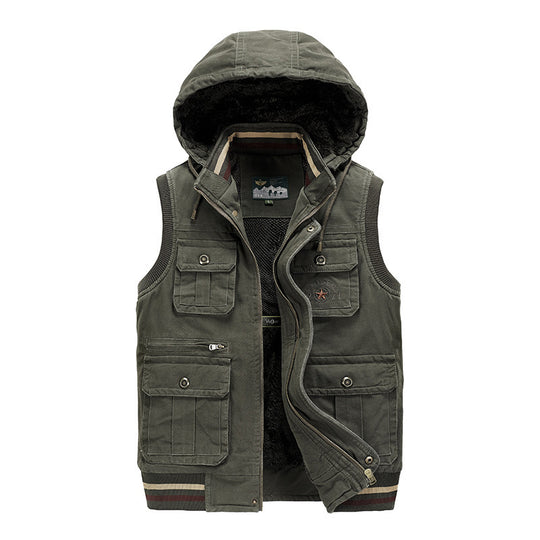 Herren Ärmellose Canvas-Weste mit Kapuze, Teddyfutter und Multifunktions-Taschen Shop Nory