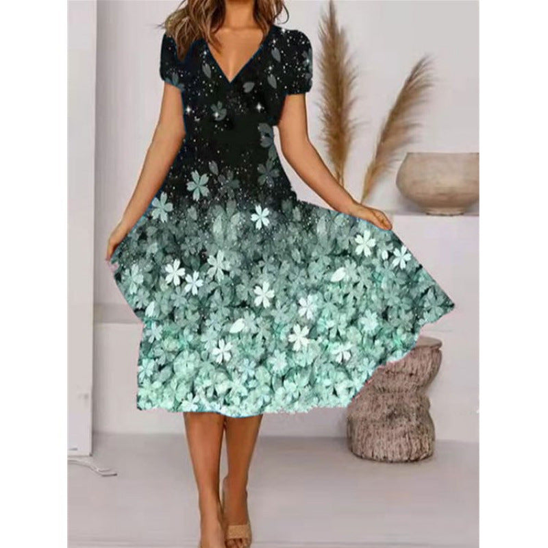 Damen A-Linie Sommerkleid mit V-Ausschnitt und floralen Akzenten