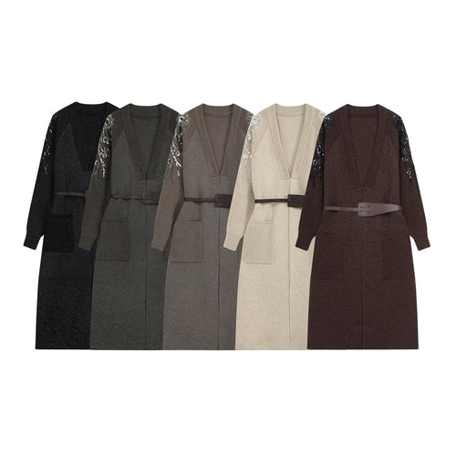 Damen Strick-Midikleid mit tiefem V-Ausschnitt, Taillengürtel und paillettenverzierten Ärmeln Shop Nory