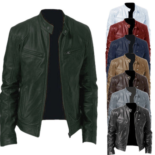 Herren schlanke Echtleder-Bikerjacke mit Stehkragen, zwei Brust-Reißverschlusstaschen und geradliniger Silhouette Shop Nory