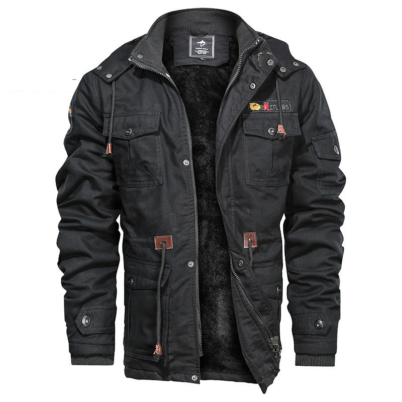 Herren Militärinspirierte Canvas-Fieldjacke mit Kapuze, Kordzug‑Taille und Fleece‑Innenfutter Shop Nory