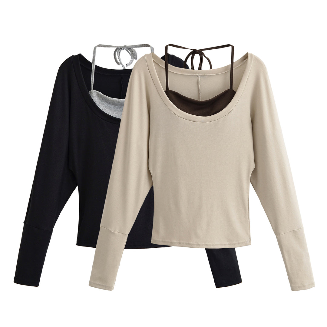 Damen Lagen-Langarmshirt mit integriertem Spaghettiträger-Cami und weitem Rundhals Shop Nory