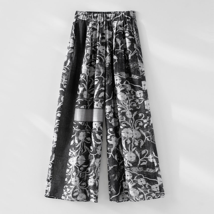 Damen Weite Leinenmix-Hose mit Elastikbund, Palazzoschnitt und ornamentalem Print Shop Nory