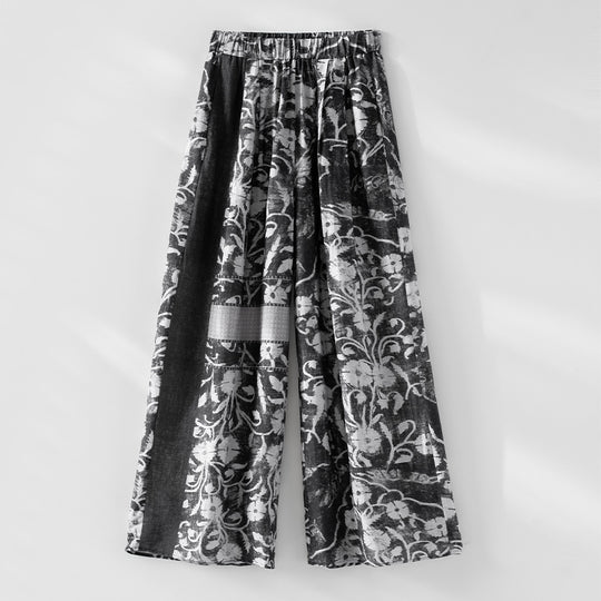 Damen Weite Leinenmix-Hose mit Elastikbund, Palazzoschnitt und ornamentalem Print Shop Nory