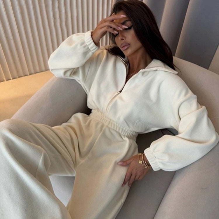 Damen eleganter Lounge-Overall mit elastischer Taillenpartie, Stehkragen, Reißverschluss und weitem Bein Shop Nory