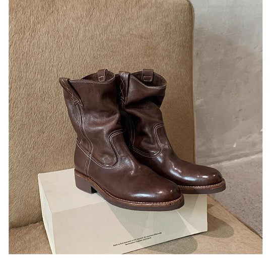Damen Mid‑Calf Slouch Western‑Stiefel aus Glattleder mit Zuglaschen und profilierter Laufsohle Shop Nory