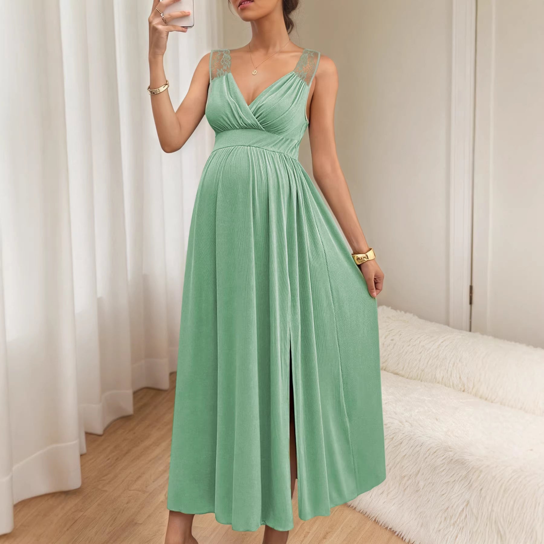 Damen Elegantes Maxikleid mit Spitzenakzenten und fließendem Rock Shopnory