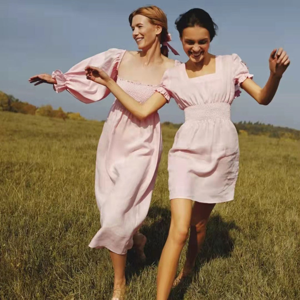 Damen Maxikleid mit Puffärmeln und elastischem Taillenbund