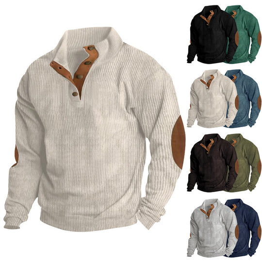 Herren Gerippter Henley-Pullover mit Stehkragen, Knopfleiste & Leder-Ellbogenpatches Shop Nory