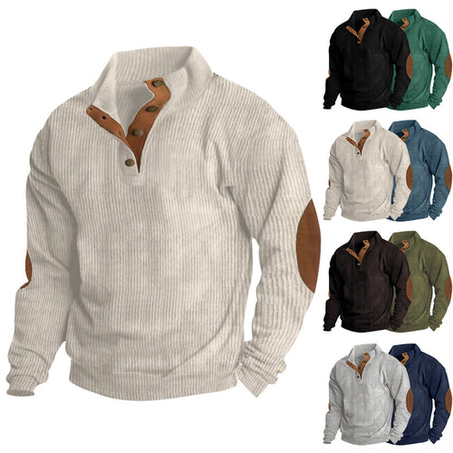 Herren Gerippter Henley-Pullover mit Stehkragen, Knopfleiste & Leder-Ellbogenpatches Shop Nory