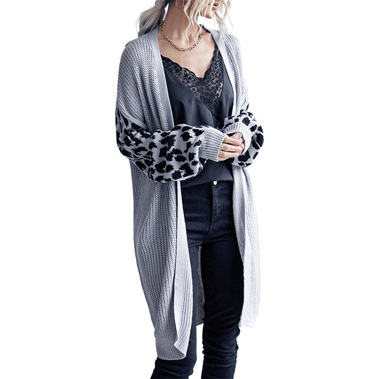 Damen Langer Offener Strickcardigan mit Leopardenmusterärmeln und geripptem Saum Shop Nory