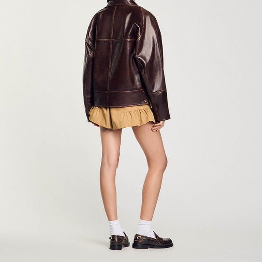 Damen Kurz geschnittene Oversize-Lederjacke mit Rundkragen und Pattentaschen Shop Nory