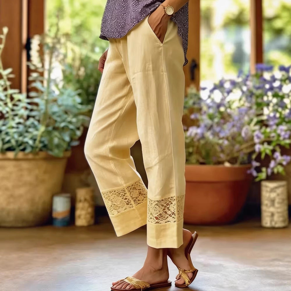 Damen Leinenoptik Culotte-Hose mit Spitzeinsatz am Saum und seitlichen Eingrifftaschen Shop Nory