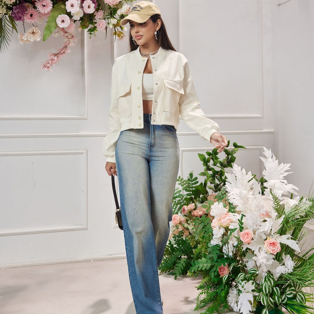 Damen Kurz geschnittene Utility-Jacke mit Stehkragen, Druckknöpfen und Pattentaschen Shop Nory