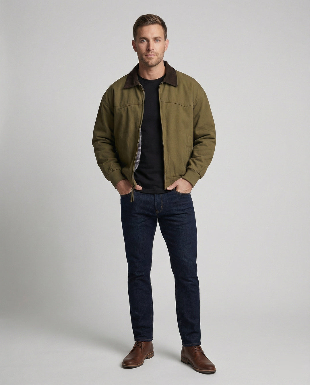 Herren robuster Canvas-Blouson mit Cordkragen und kariertem Steppfutter