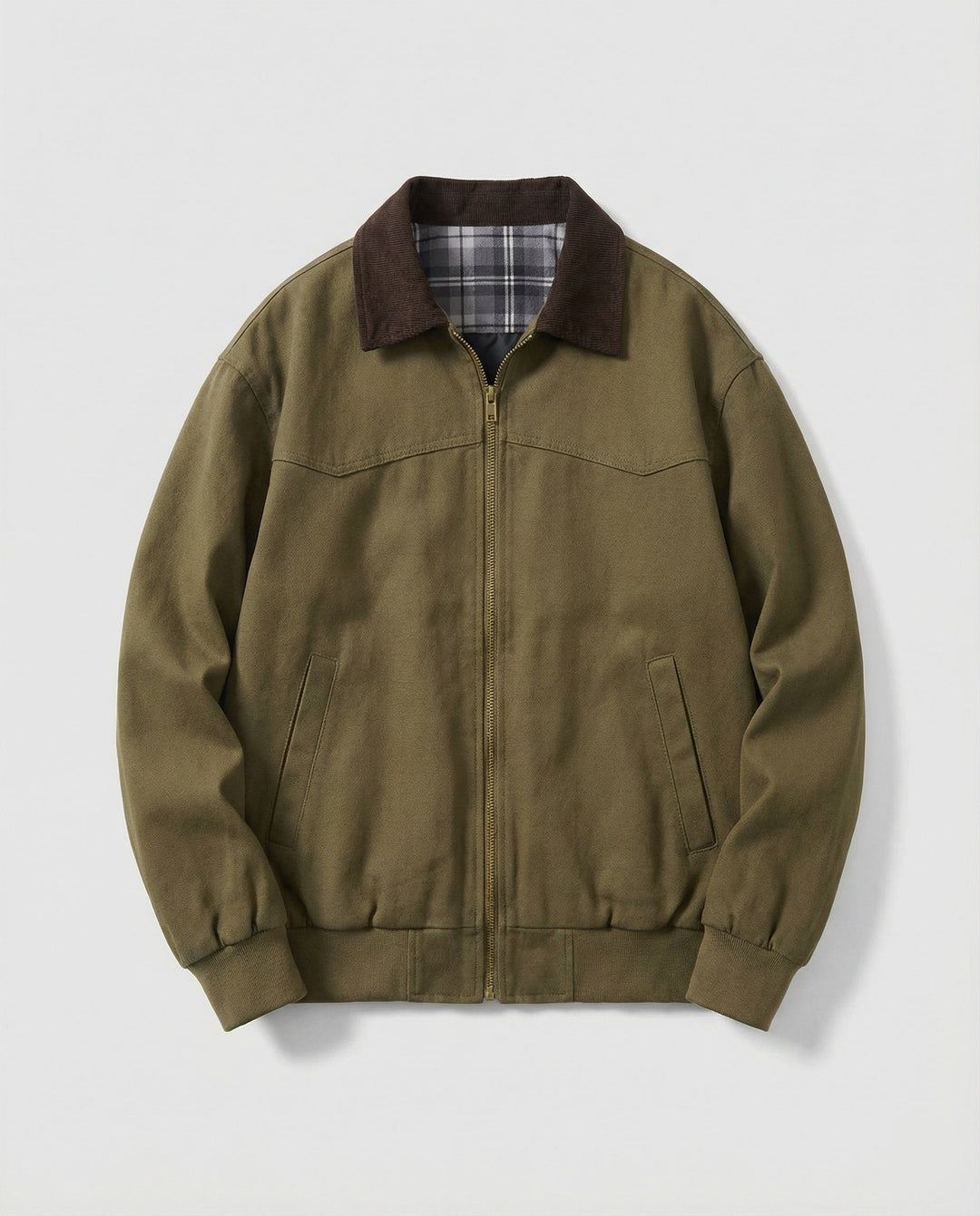 Herren robuster Canvas-Blouson mit Cordkragen und kariertem Steppfutter