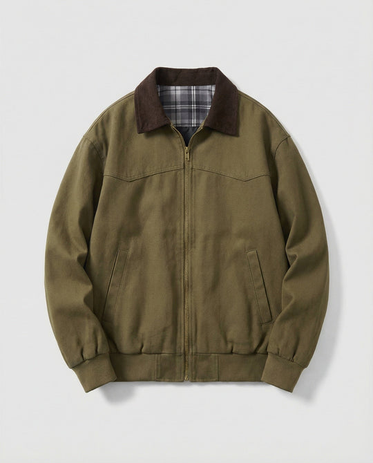 Herren robuster Canvas-Blouson mit Cordkragen und kariertem Steppfutter