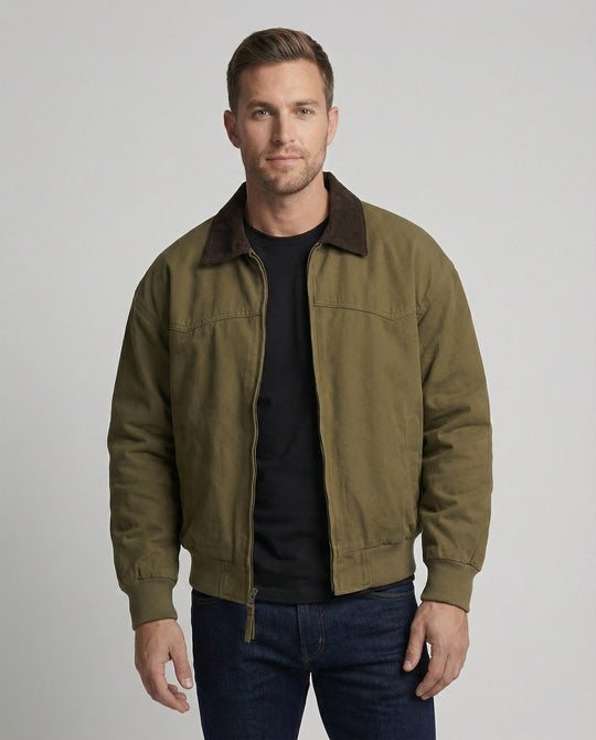 Herren robuster Canvas-Blouson mit Cordkragen und kariertem Steppfutter