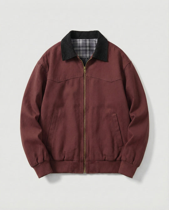 Herren robuster Canvas-Blouson mit Cordkragen und kariertem Steppfutter