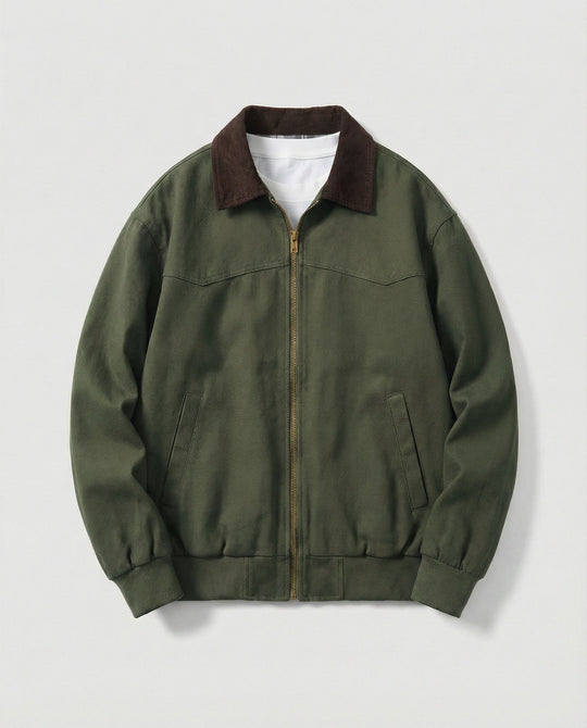Herren robuster Canvas-Blouson mit Cordkragen und kariertem Steppfutter